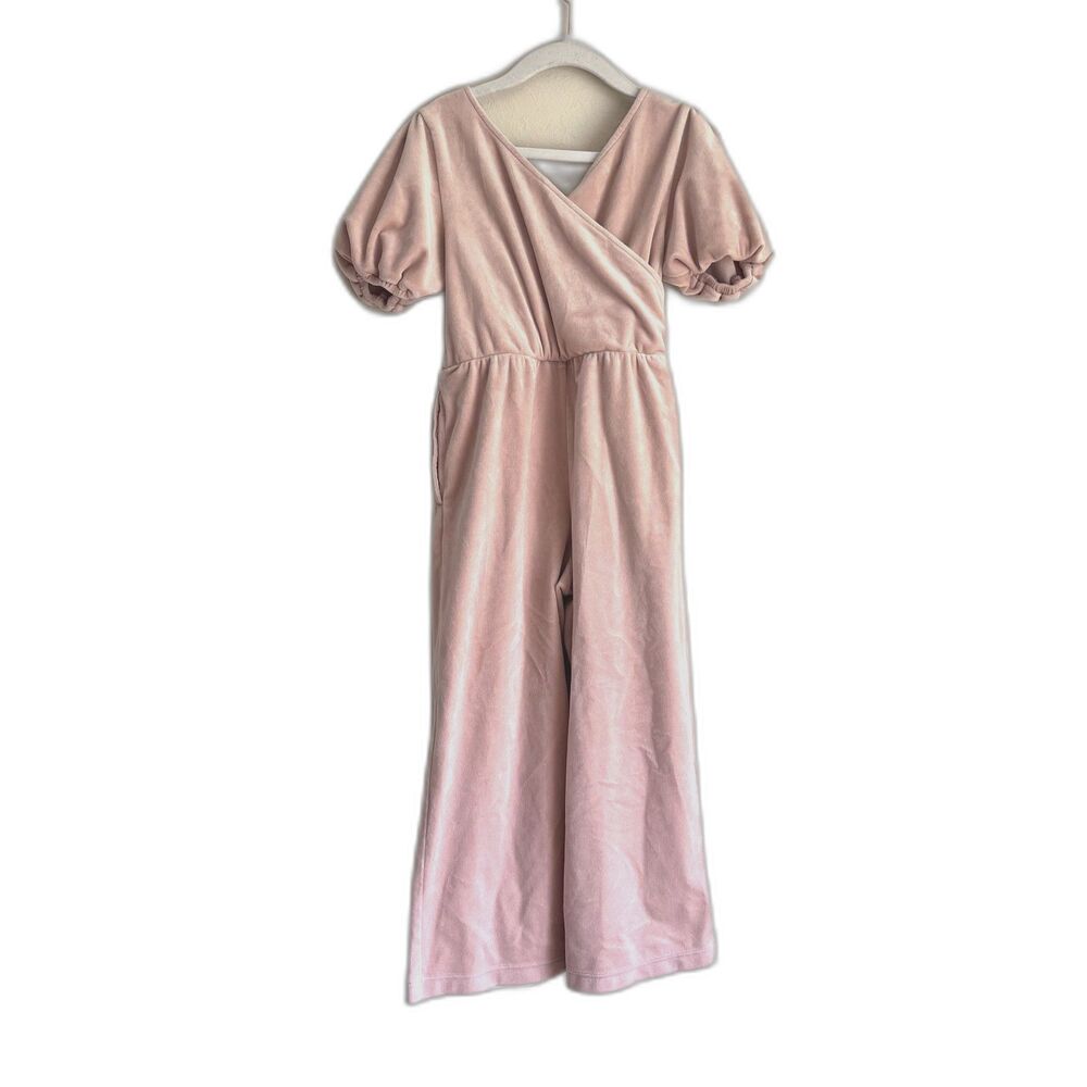 Tea Collection Just For Kicks Girls 5 Pink Velour Jumpsuit Puff Sleeve Cotton